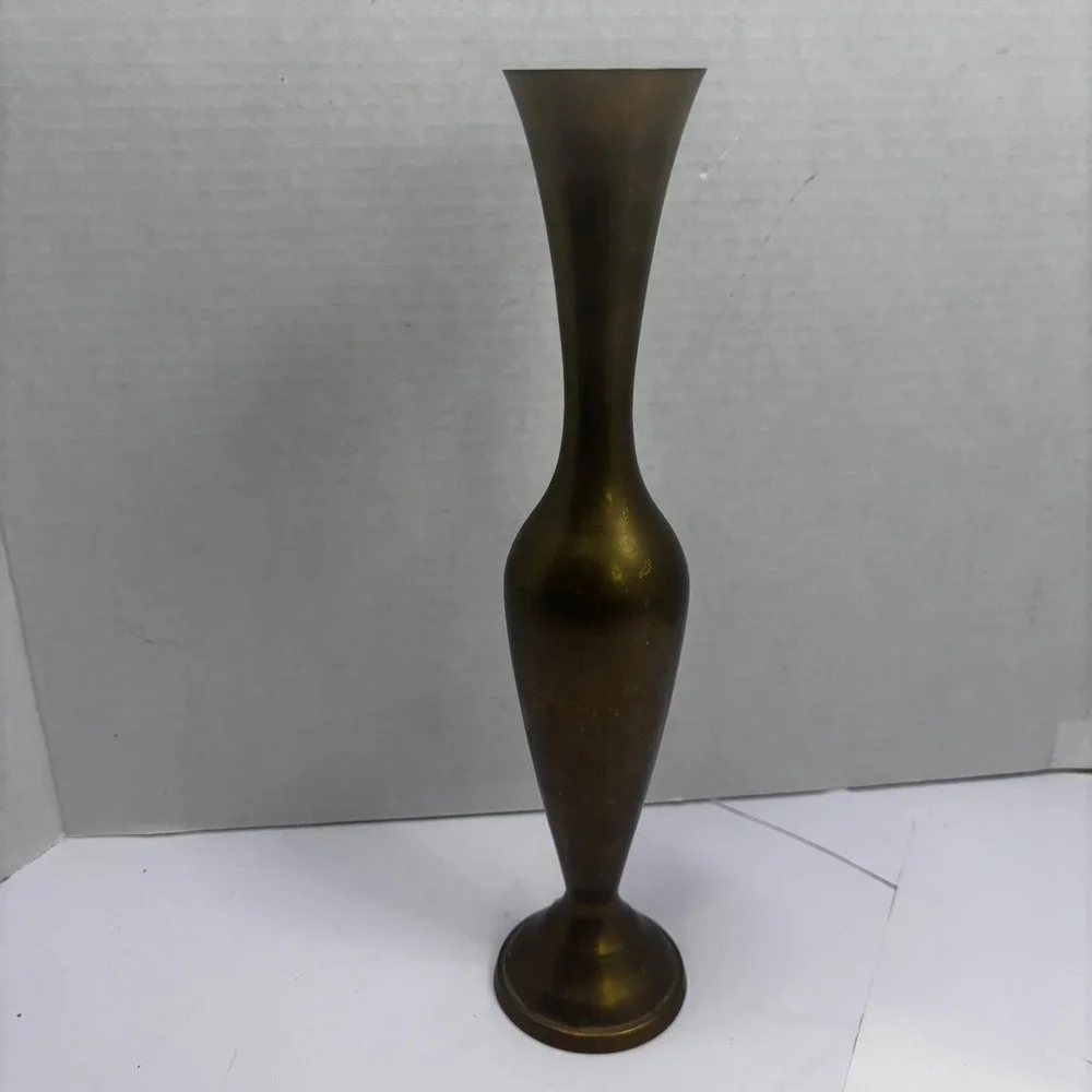 Vintage Solid‎ Brass Bud Vase Tall Slender Flared Rim Pedestal Base Aged Patina